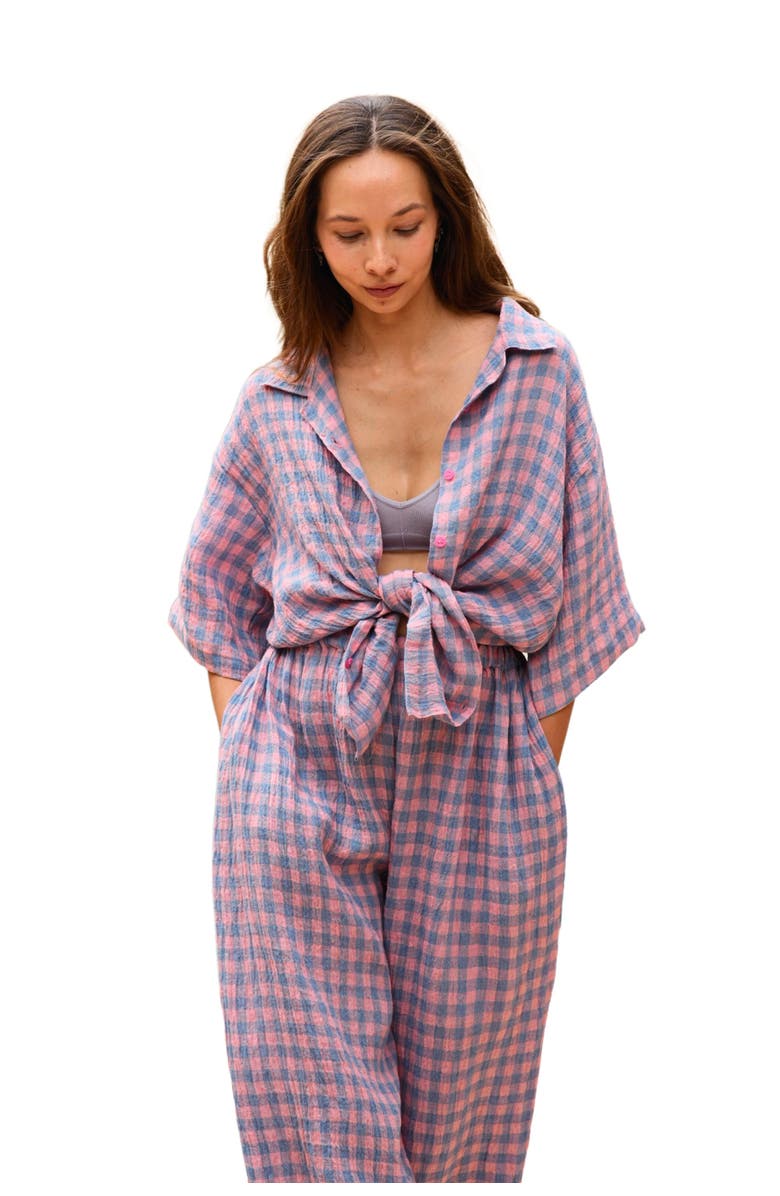 PINK HALEY Vanessa Linen Gingham Shirt, Main, color, Purple Gingham