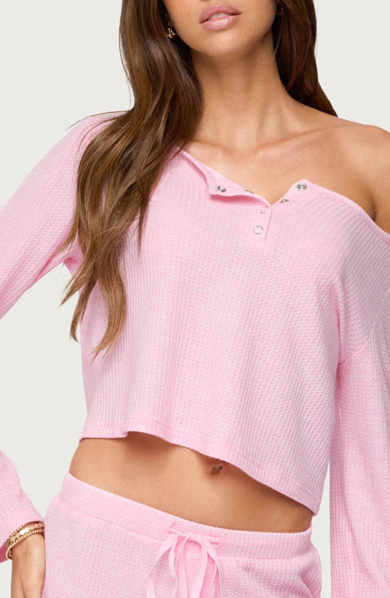 EDIKTED Teddy Off the Shoulder Waffle Knit Crop Top, Alternate, color, Light-Pink