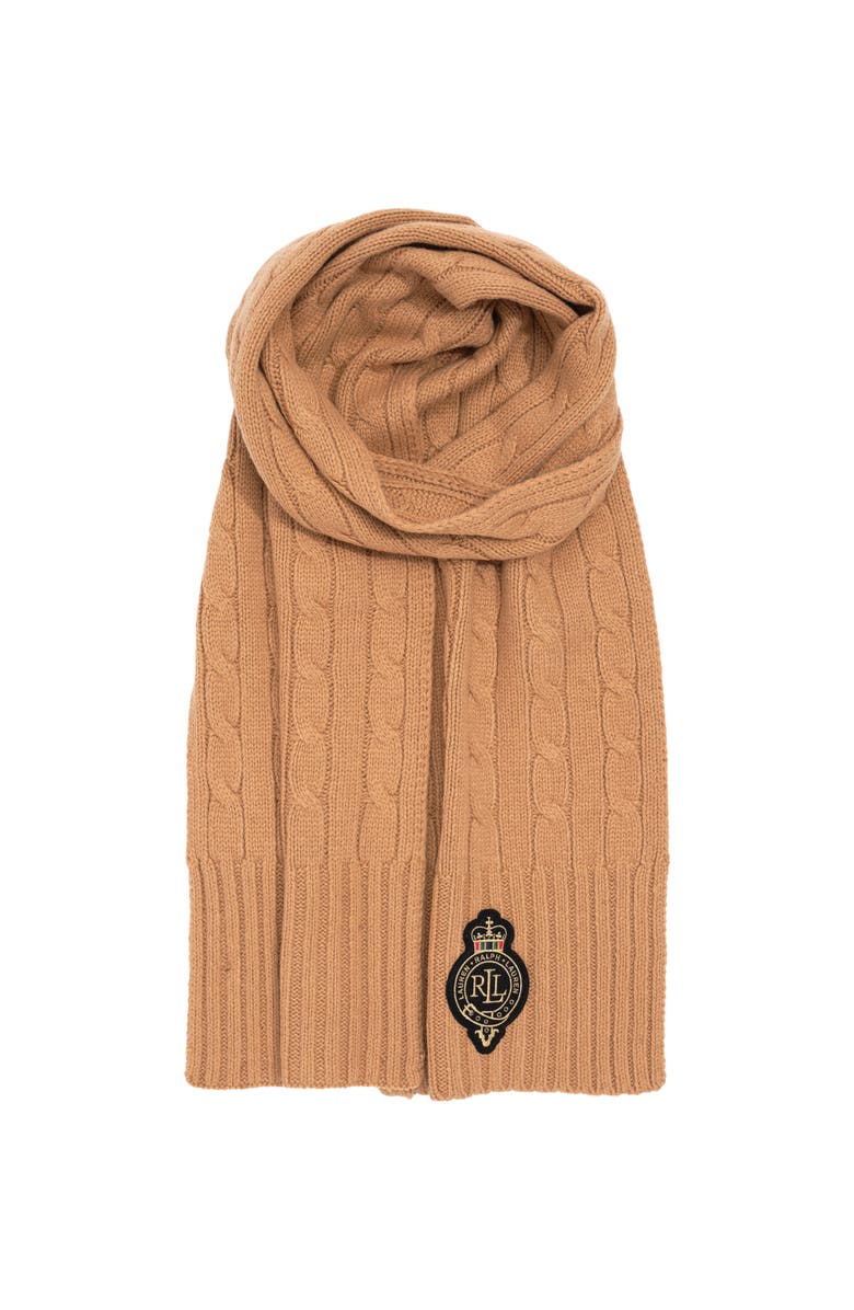 Lauren Ralph Lauren Cable Crest Patch Scarf, Main, color, Classic Camel