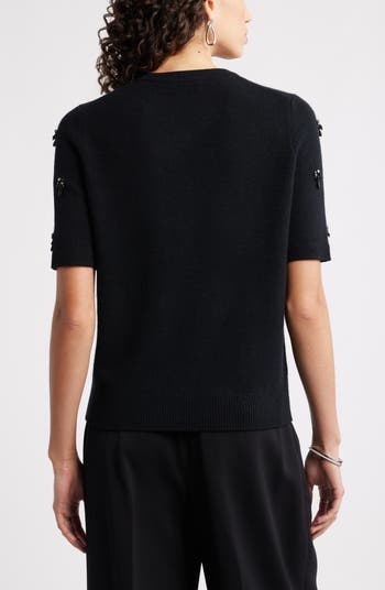 Embellished Short Sleeve Wool & Cashmere Sweater