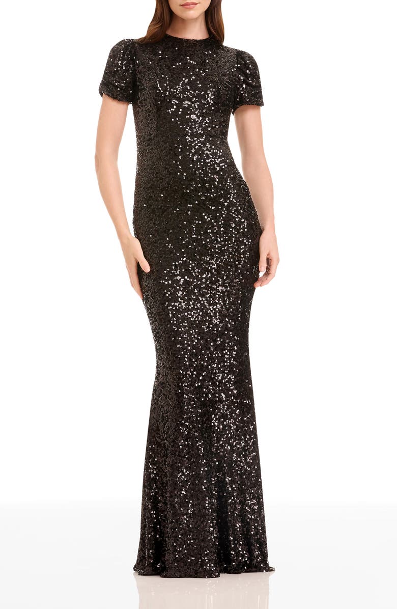 Dress the Population Kenzie Sequin Short Sleeve Mermaid Gown, Main, color, Black