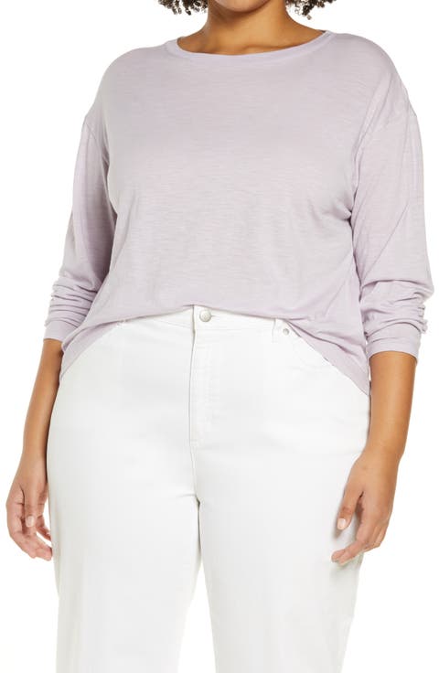 Boxy Long Sleeve Cotton Crewneck Top (Plus Size)