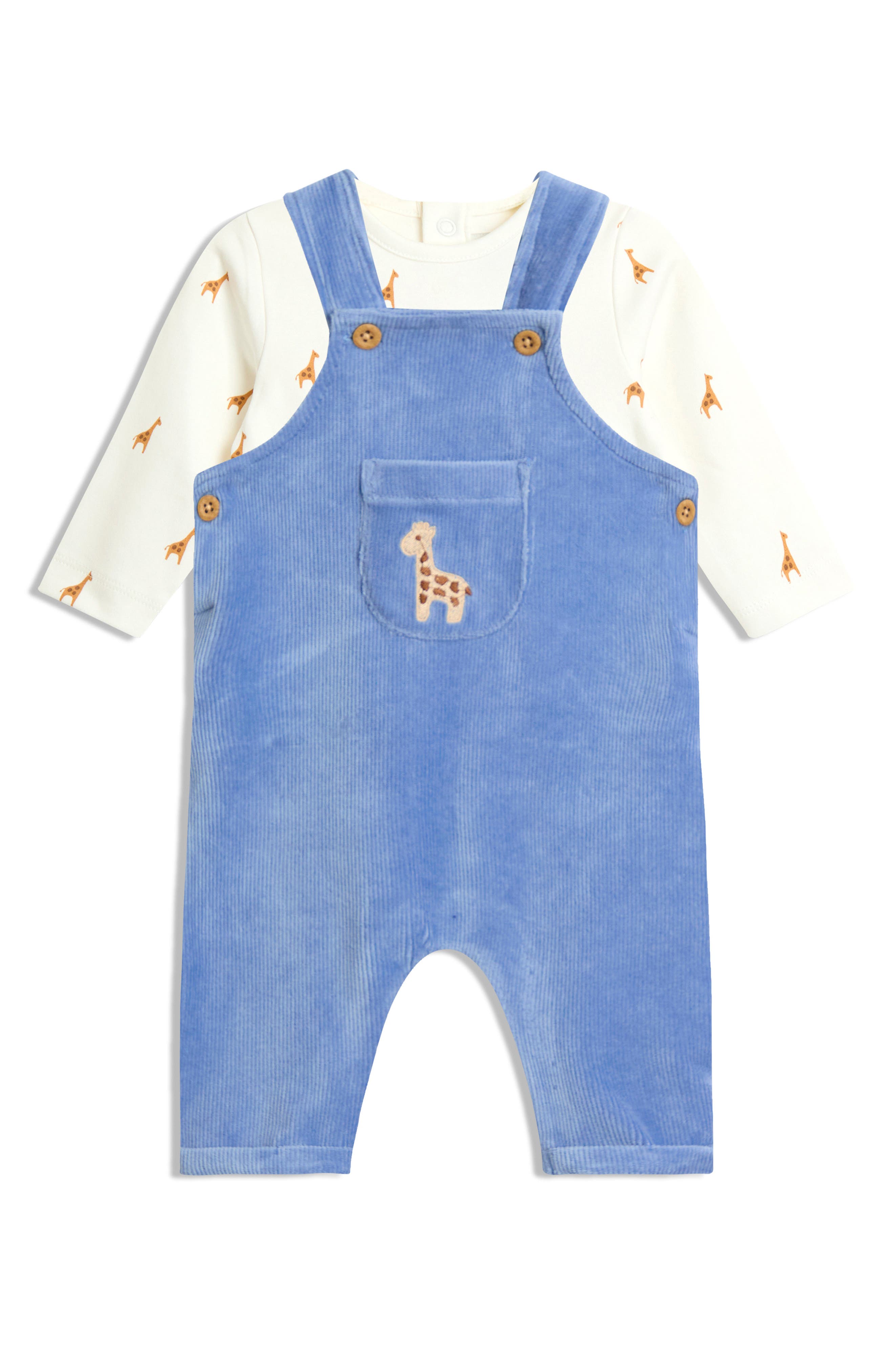 Long Sleeve Bodysuit & Embroidered Giraffe Rib Velour Overalls Set