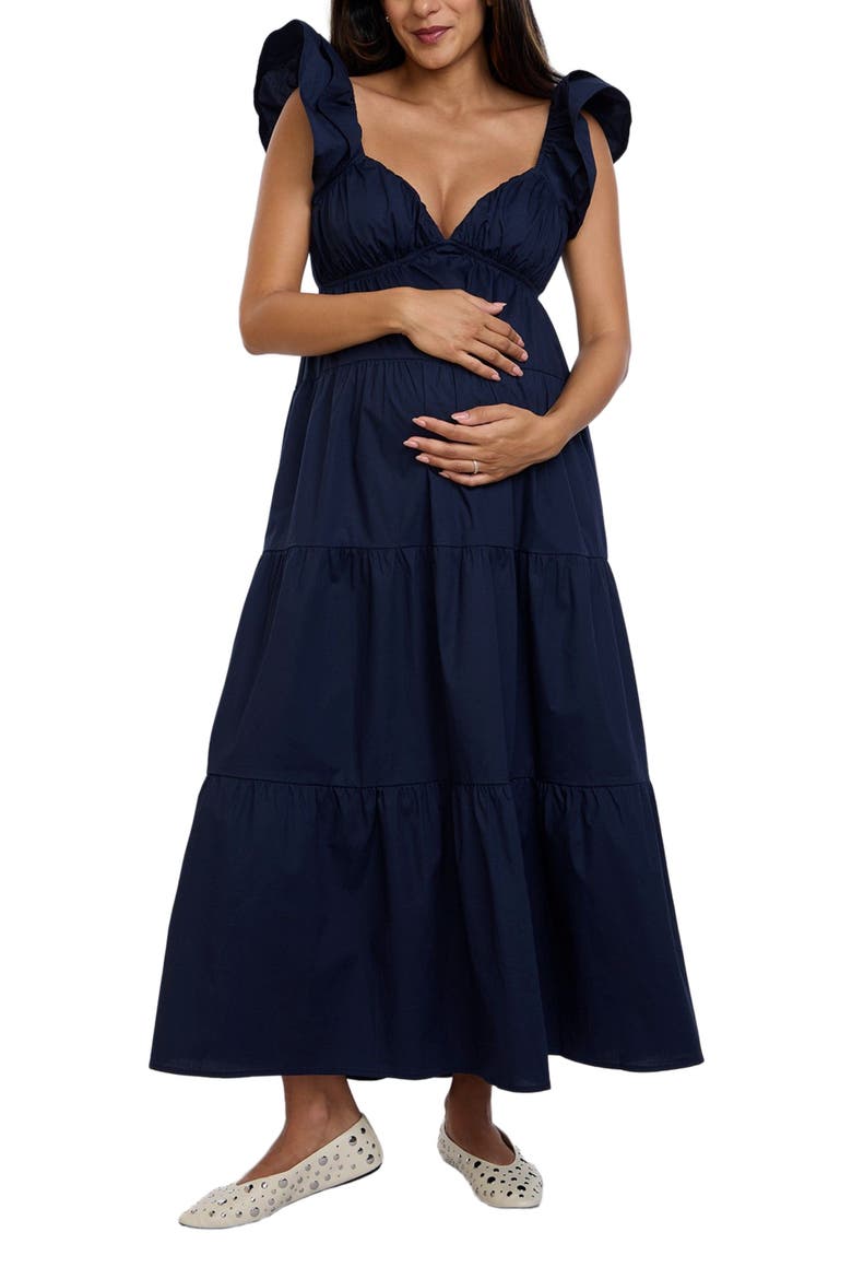 Ruffle Sleeve Tie-Back Maternity Maxi Dress, Alternate, color, Navy Blazer