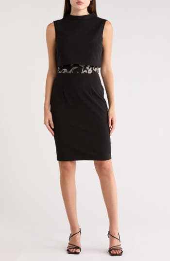 Connected Apparel Embroidered Mock Neck Dress In Black