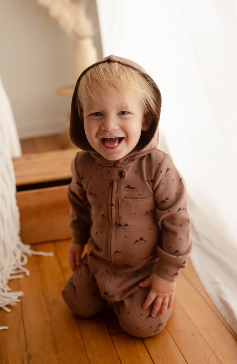 L'ovedbaby Print Organic Cotton Hooded Romper, Alternate, color, Latte Mountain