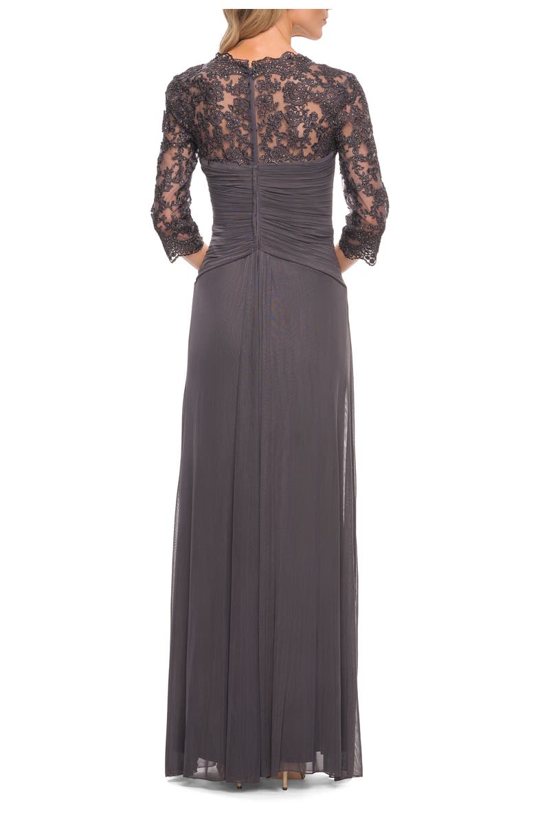 La Femme Jersey Gown with Knot Detail and Lace Sleeves, Alternate, color, Gunmetal