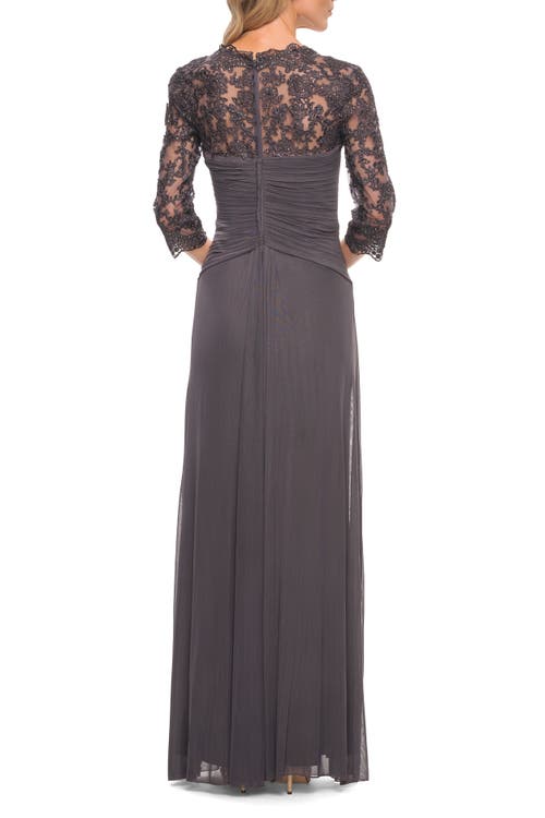 La Femme Jersey Gown With Knot Detail And Lace Sleeves