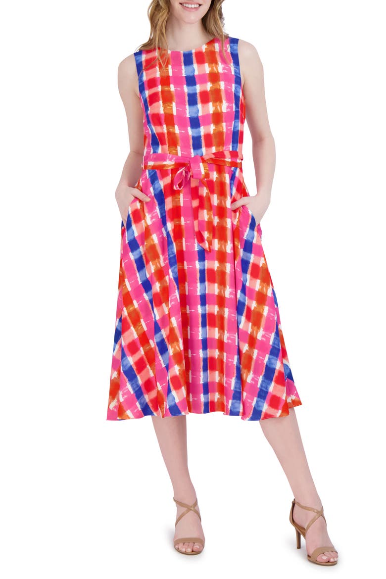 Sleeveless Tie Waist Midi Dress, Main, color, COBALT/PNK