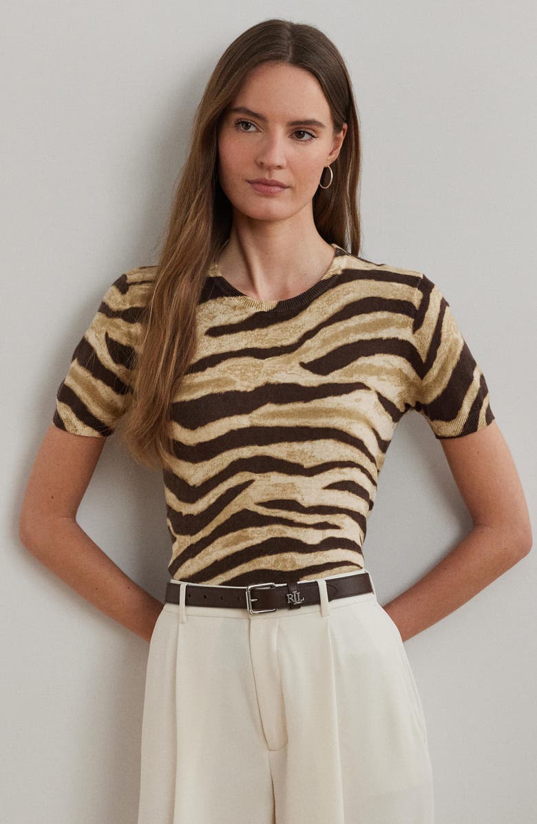 Lauren Ralph Lauren Zebra Stripe Short Sleeve Linen & Cotton Sweater, Alternate, color, Mascarpone Cream/ Brown
