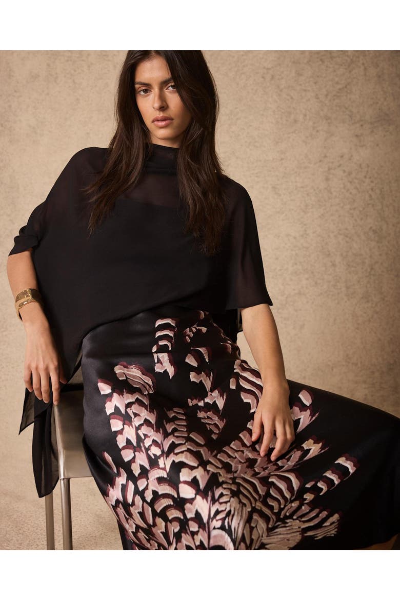 Satin Printed Cape Detail Maxi Dress, Alternate, color, Black