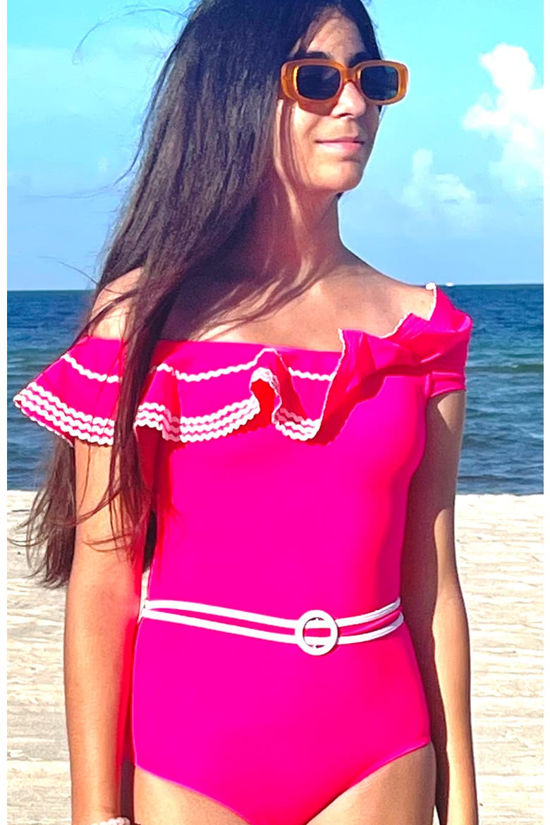 Off Shoulder Ruffle Ric-Rac Trim One Piece Swimsuit, Little Kid-Big Kid, Alternate, color, Pink
