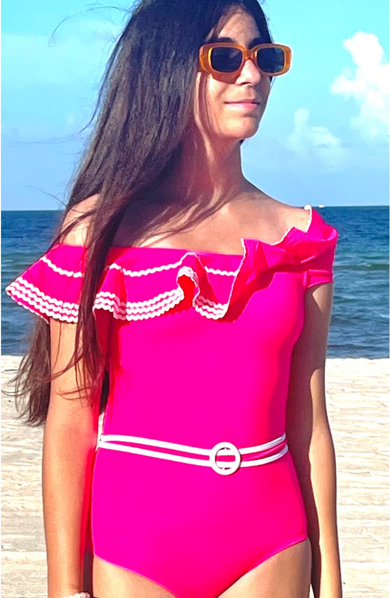 NESSI BYRD Off Shoulder Ruffle Ric-Rac Trim One Piece Swimsuit, Little Kid-Big Kid, Alternate, color, Pink