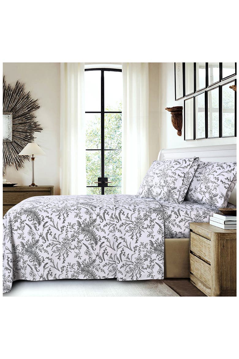 Southshore Fine Linens Winter Brush Sheet Set, Alternate, color, WHITE W/ BLACK FLOWERS