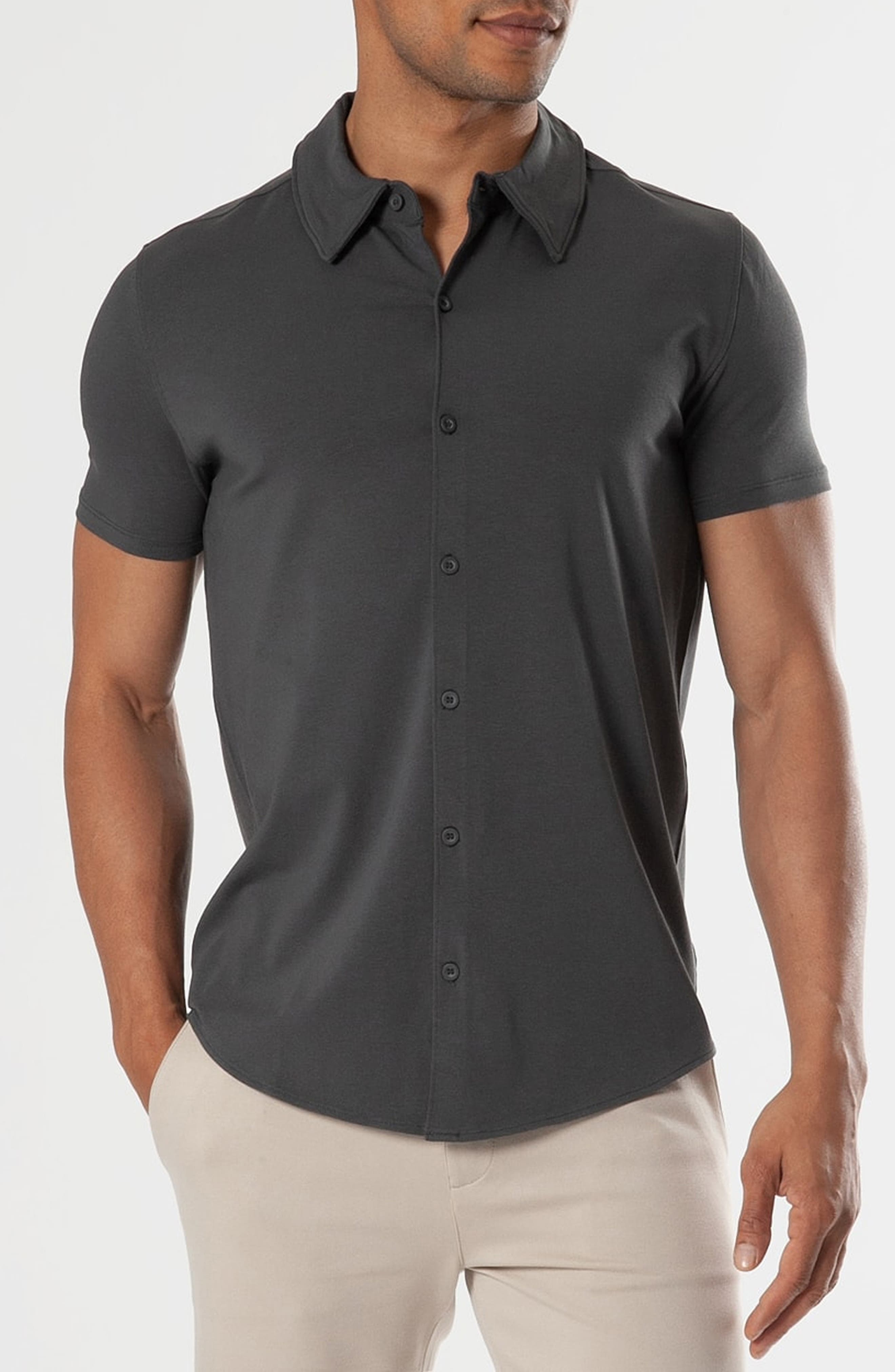 Short Sleeve Stretch Cotton Knit Button-Down Shirt