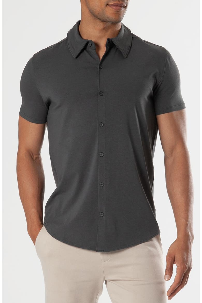 Short Sleeve Stretch Cotton Knit Button-Down Shirt, Main, color, CARBON