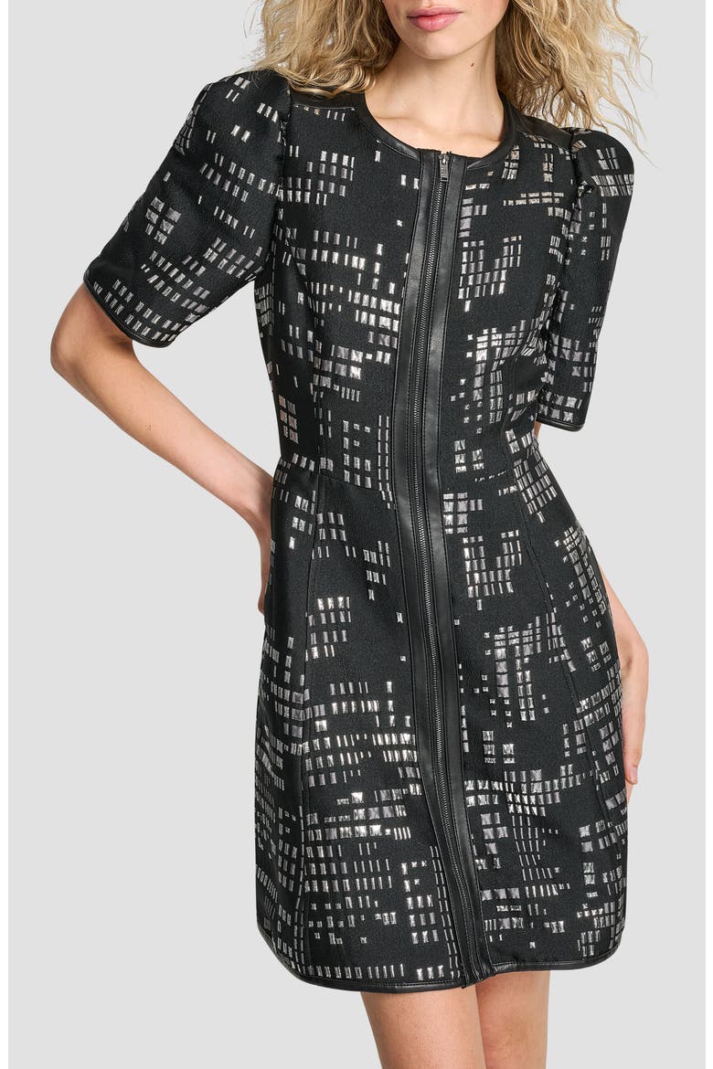 Front Zip Abstract Jacquard Minidress, Alternate, color, BLACK/ SILVER