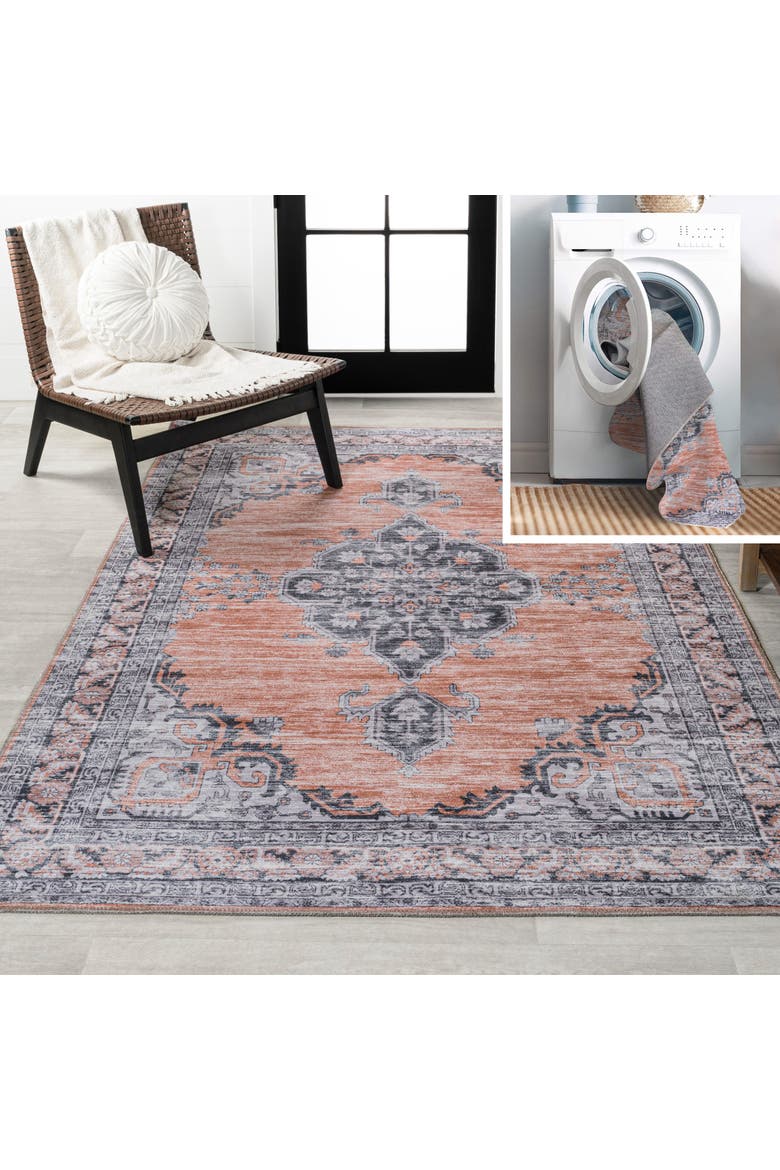 Wincer Chenille Cottage Medallion Machine-Washable Area Rug, Main, color, Orange/Gray