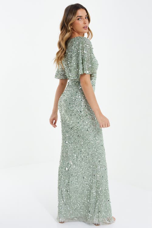 Quiz Sequin Batwing Maxi Dress In Sage