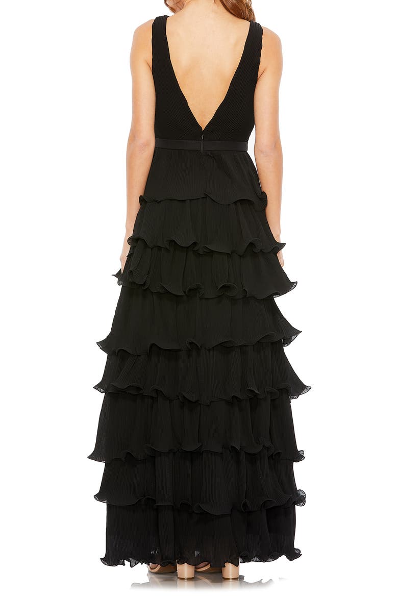 Sleeveless Ruffle Tiered V Neck Gown, Alternate, color, BLACK