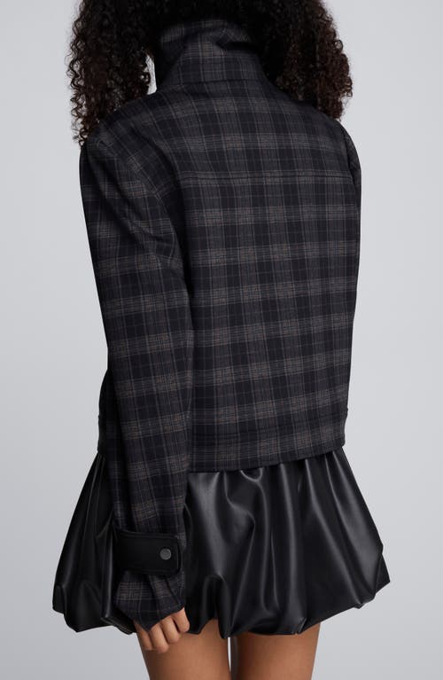 Kenneth Cole Plaid Crop Jacket With Faux Leather Trim In Black