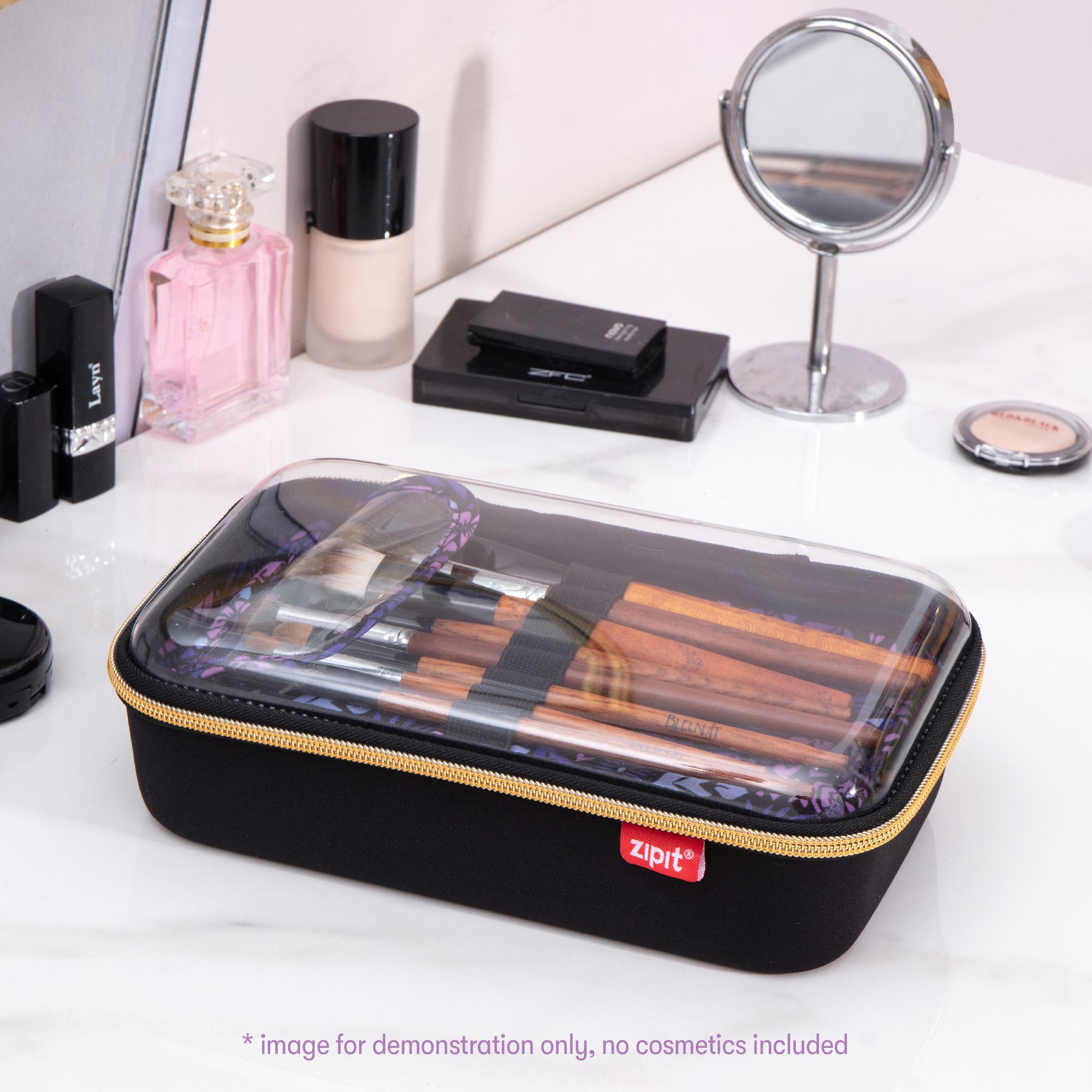 ZIPIT Travel Makeup Bag, Black & Purple Flowers, Protective Hard Shell, Alternate, color, Black