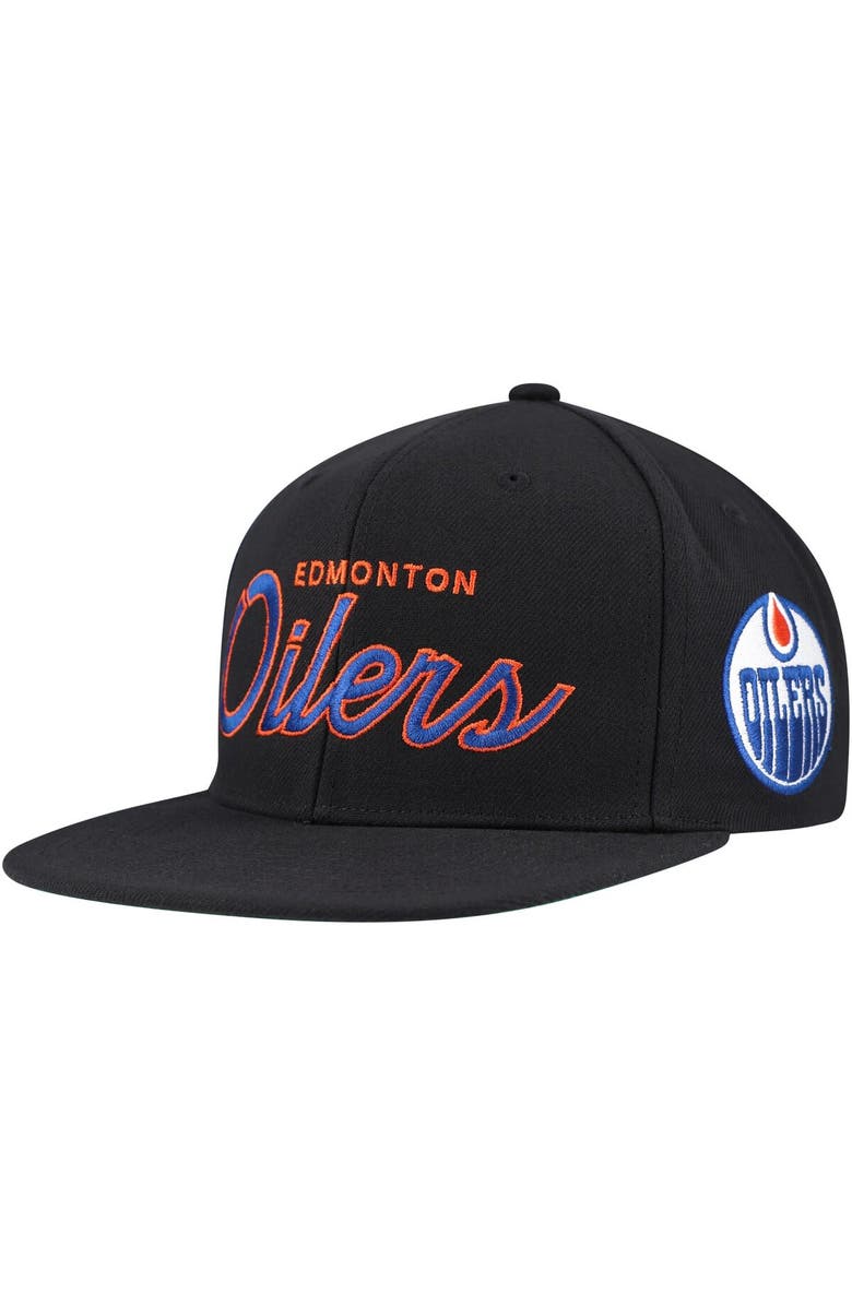 Mitchell & Ness Men's Mitchell & Ness Black Edmonton Oilers Core Team Script 2.0 Snapback Hat, Main, color, Black
