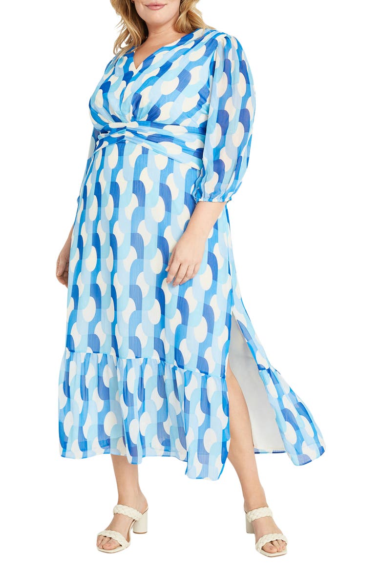 Three Quarter Sleeve Midi Dress, Alternate, color, CREAM/ POWDER BLUE