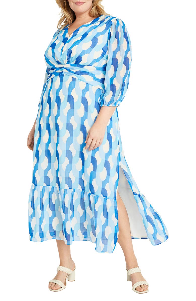 Donna Morgan Three Quarter Sleeve Midi Dress, Alternate, color, Cream/ Powder Blue