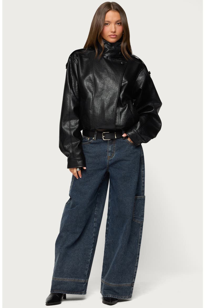 Jaicee Stand Collar Faux Leather Jacket, Alternate, color, BLACK