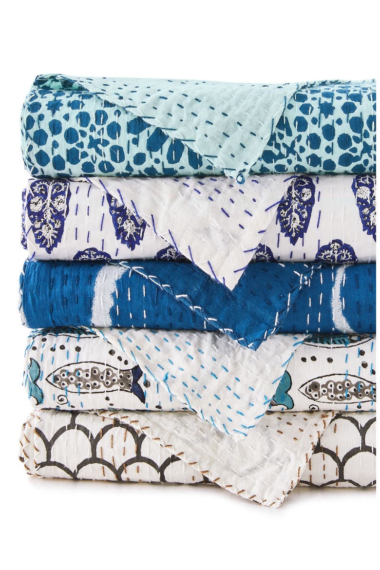 Flower Burst Kantha Cotton Coverlet, Alternate, color, INDIGO