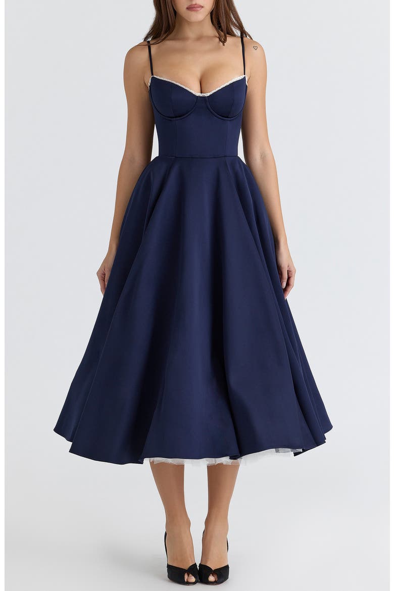 Mademoiselle Sleeveless Satin Tulle Midi Dress, Main, color, NAVY