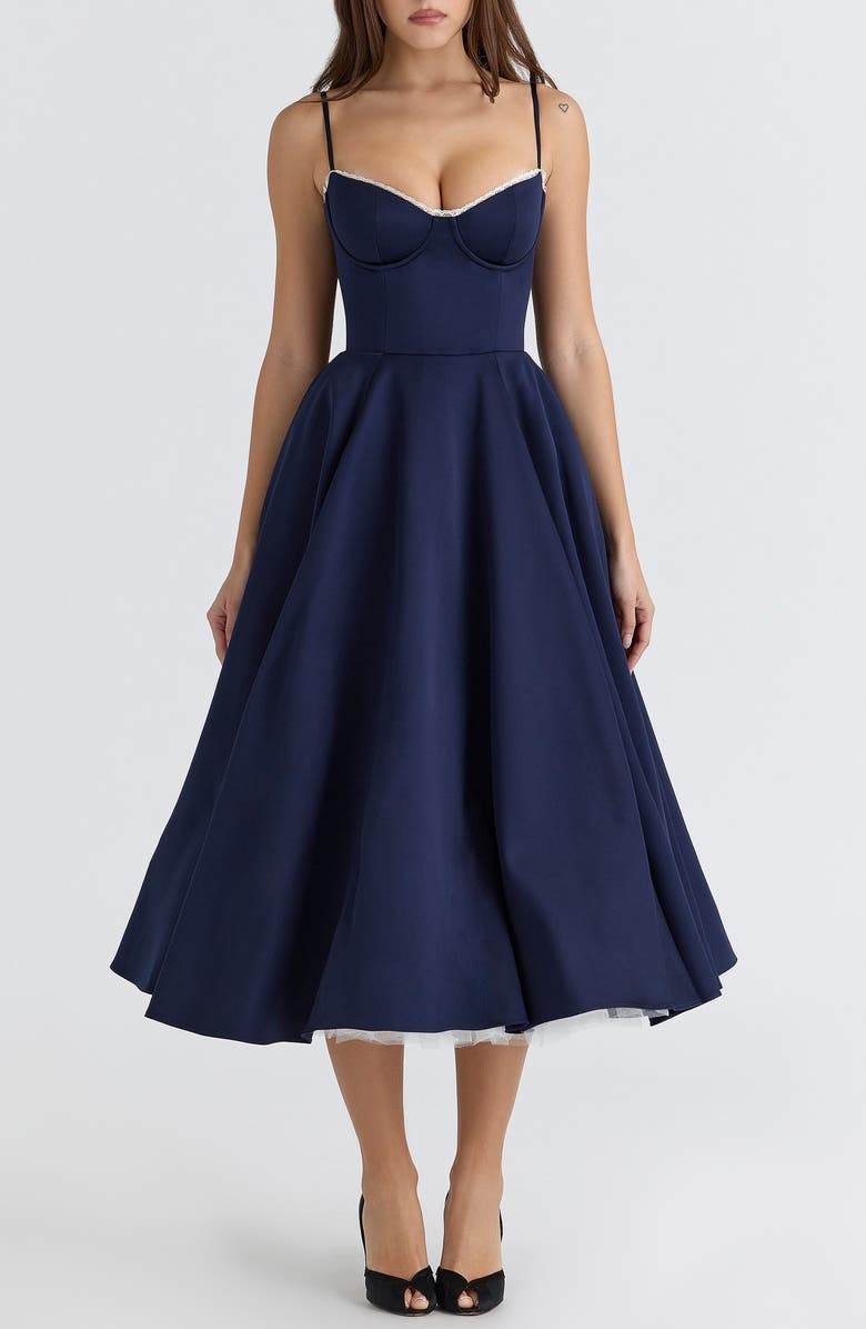 HOUSE OF CB Mademoiselle Sleeveless Satin Tulle Midi Dress, Main, color, Navy