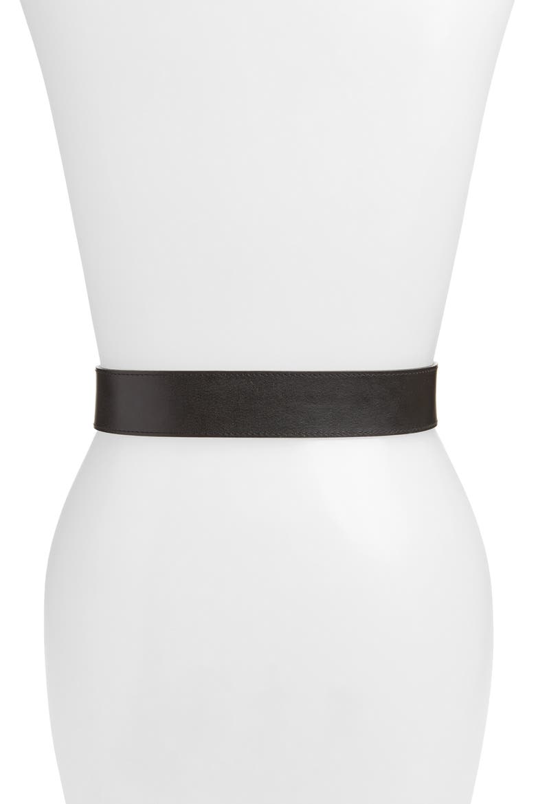 Geometric Covered Buckle Leather Belt, Alternate, color, BLACK