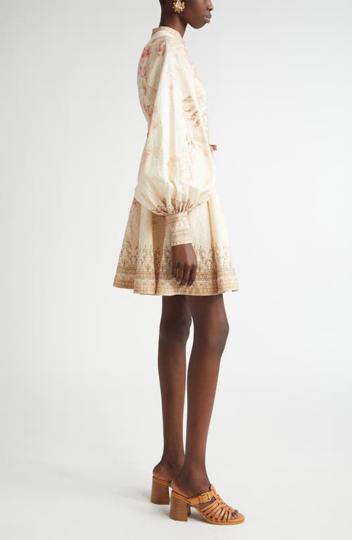Shop Zimmermann Tropical Floral Long Sleeve Belted Linen Minidress In Coral Floral