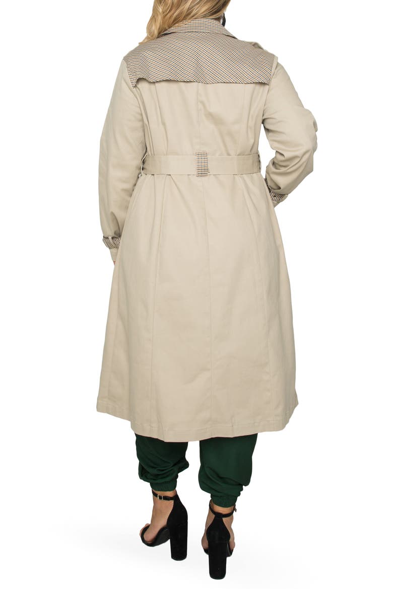 Plaid Detail Stretch Cotton Trench Coat, Alternate, color, CURRY