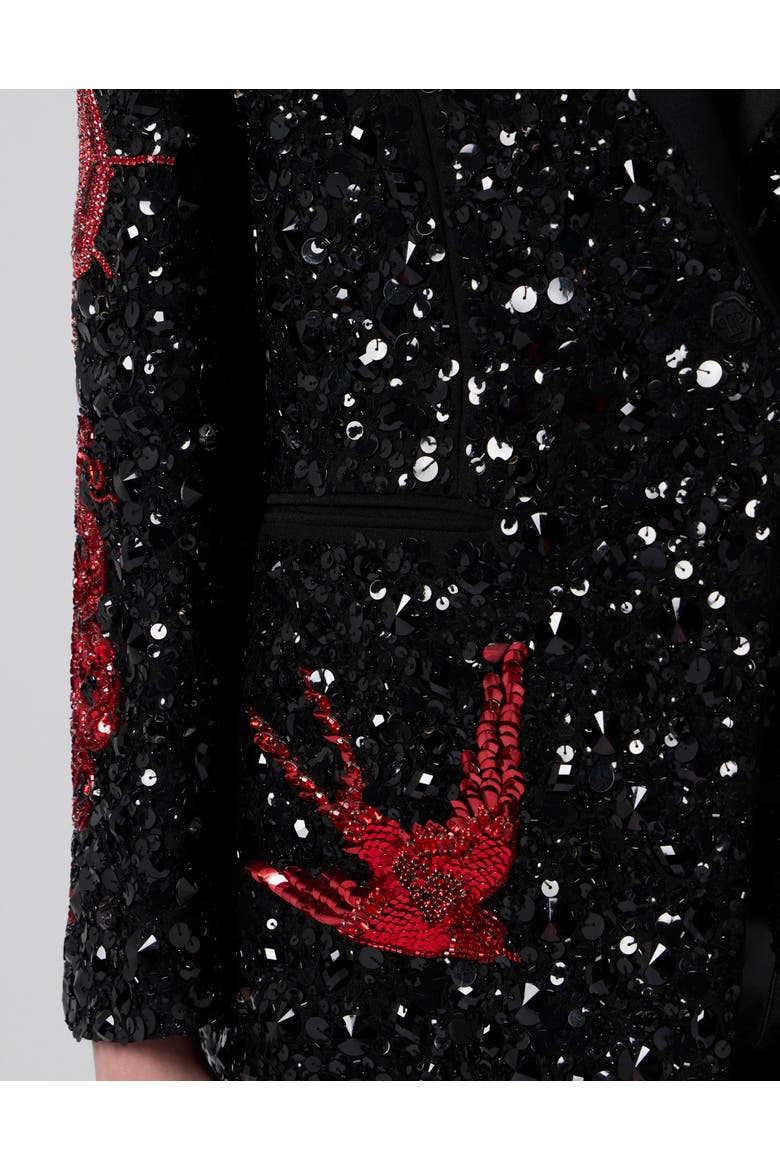 Boyfriend's Fit Blazer Butterfly Tattoo Paillettes Women, Alternate, color, black