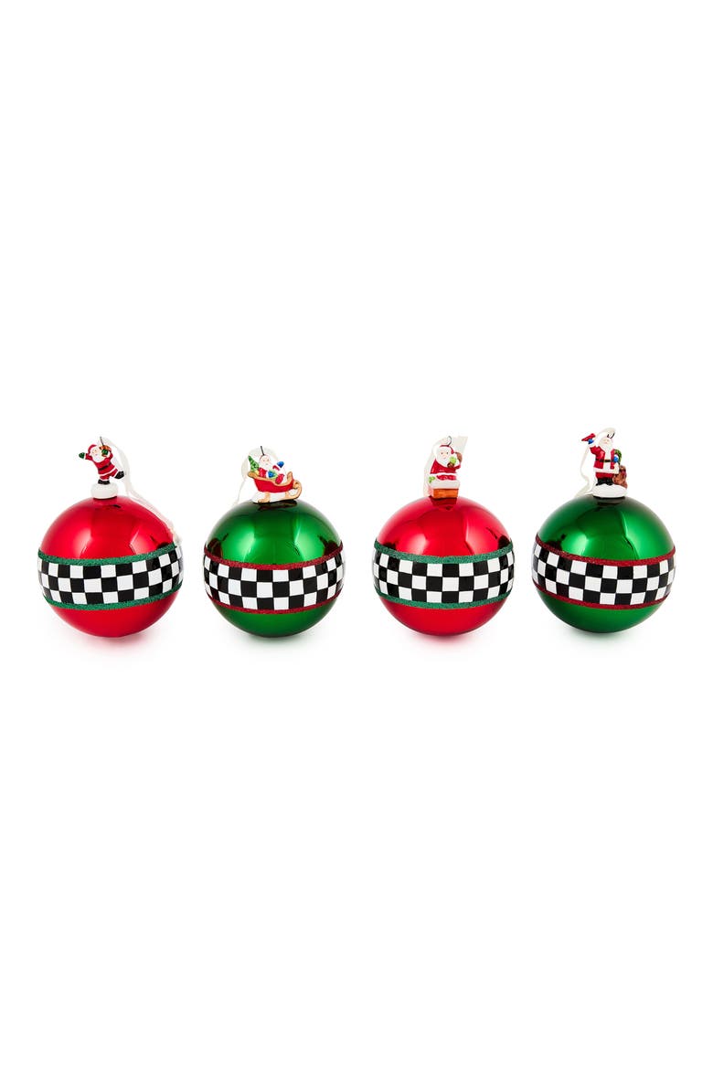 Set of 4 Check It Out Santa Glass Ball Ornaments, Main, color, RED