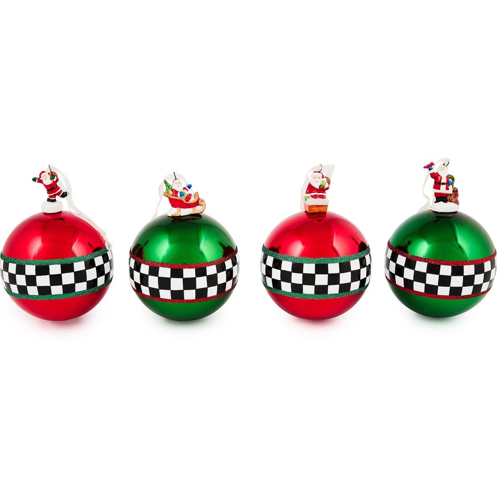 Mackenzie-childs Mackenzie Childs Set Of 4 Check It Out Santa Glass Ball Ornaments In Multi