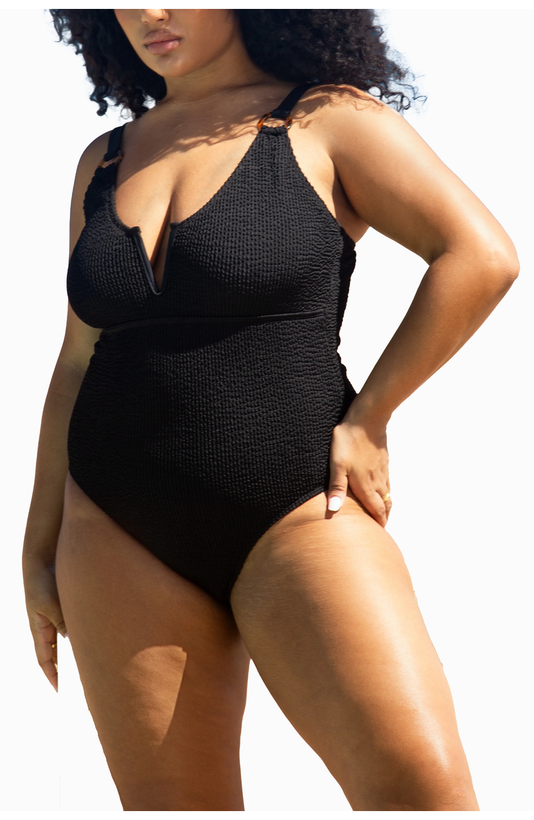 FASHION-SZN CURVE Trim Detail Sculpting Crinkle Swimsuit, Main, color, Black