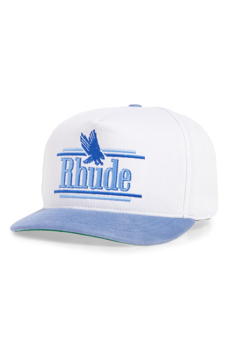 Rhude Rossa Logo Embroidered Twill Baseball Cap, Main, color, Blue / White