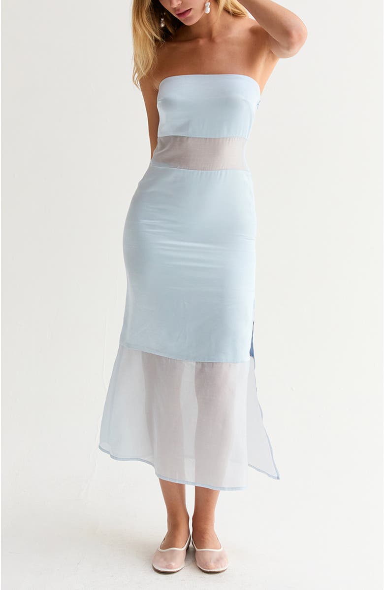 CRESCENT Satin Mixed Media Tube Midi Dress, Main, color, Light Blue