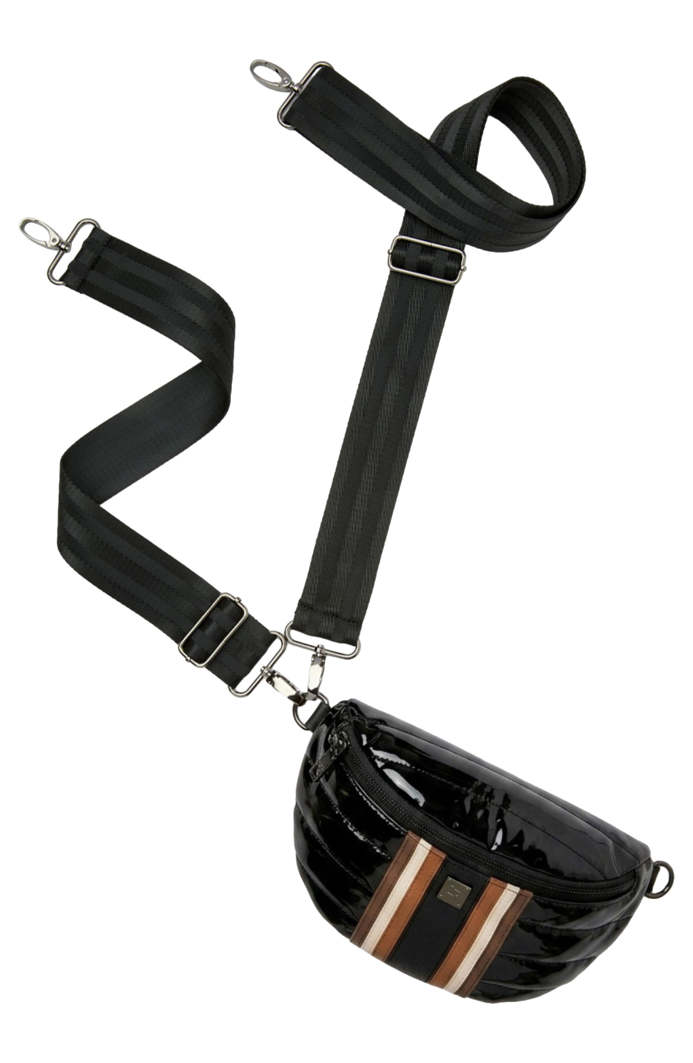 Little Runaway Belt Bag, Alternate, color, BLACK PATENT NYLON W/ STRIPE
