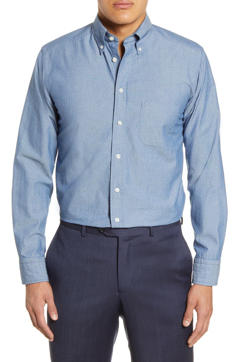 Soft Casual Line Slim Fit Chambray Dot Casual Shirt, Main, color, BLUE