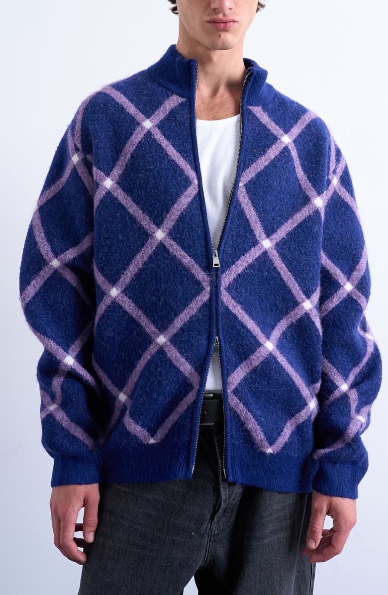 Topman Argyle Zip Cardigan, Main, color, Blue Multi