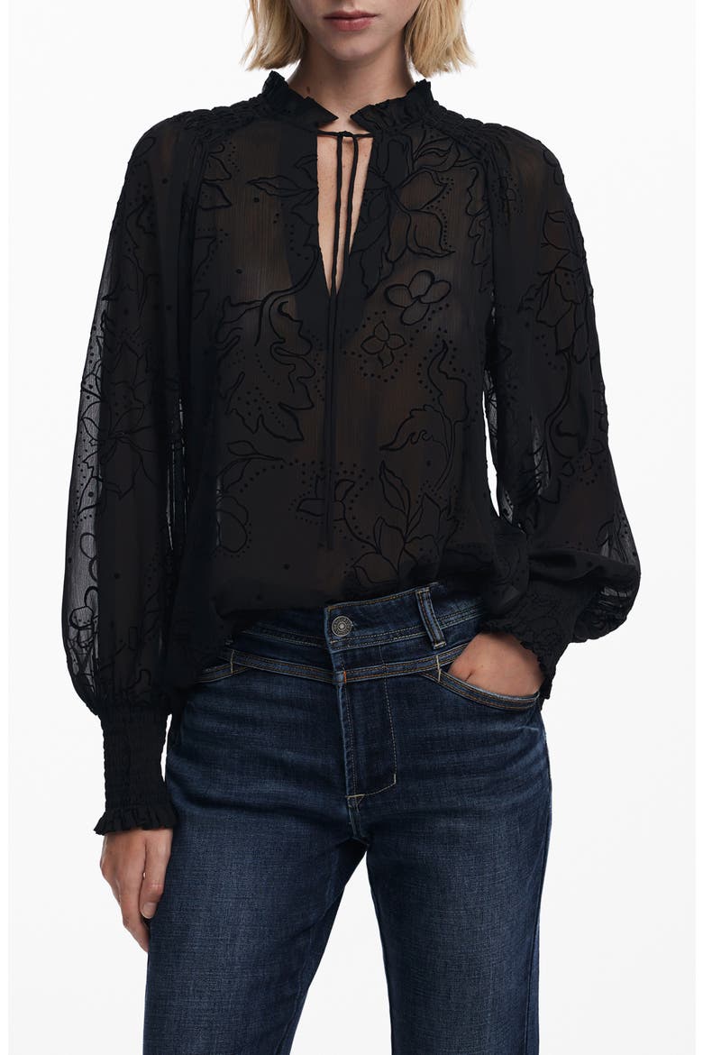 Floral Split Neck Popover Top, Main, color, BLACK