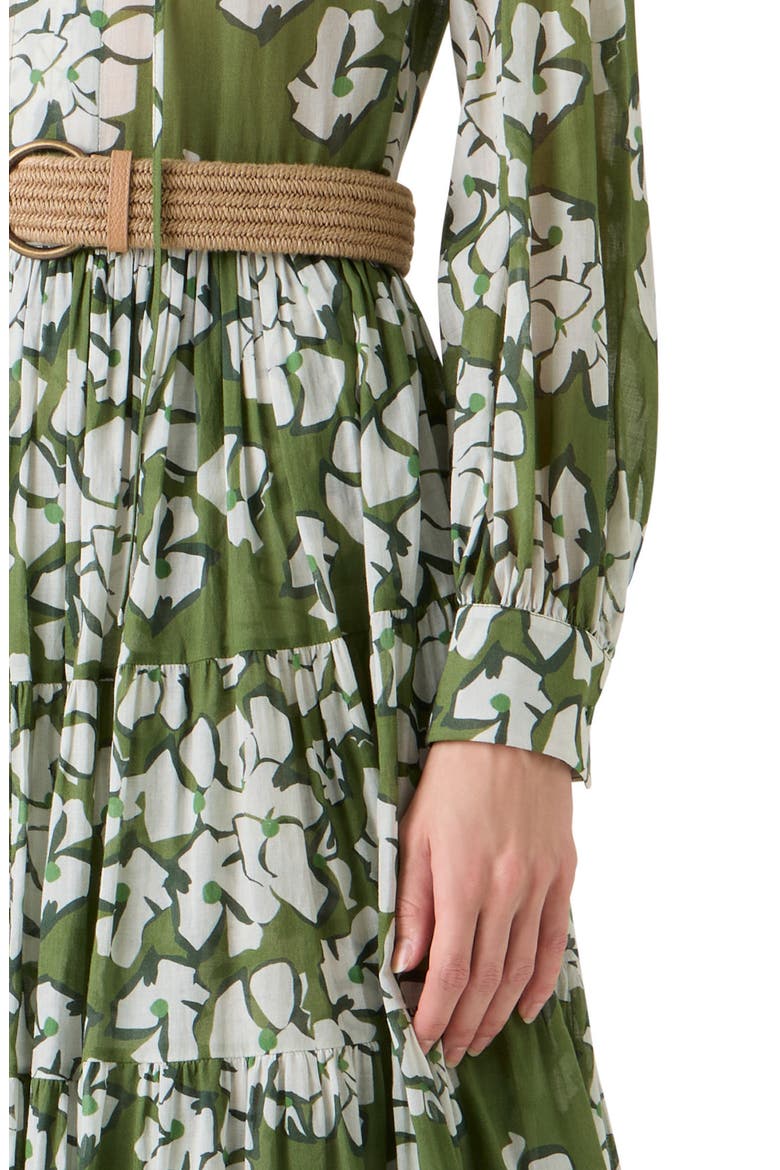 Papercut Flower Long Sleeve Belted Cotton Muslin Tiered Maxi Dress, Alternate, color, GREEN TEA-CREAM-OLIVE