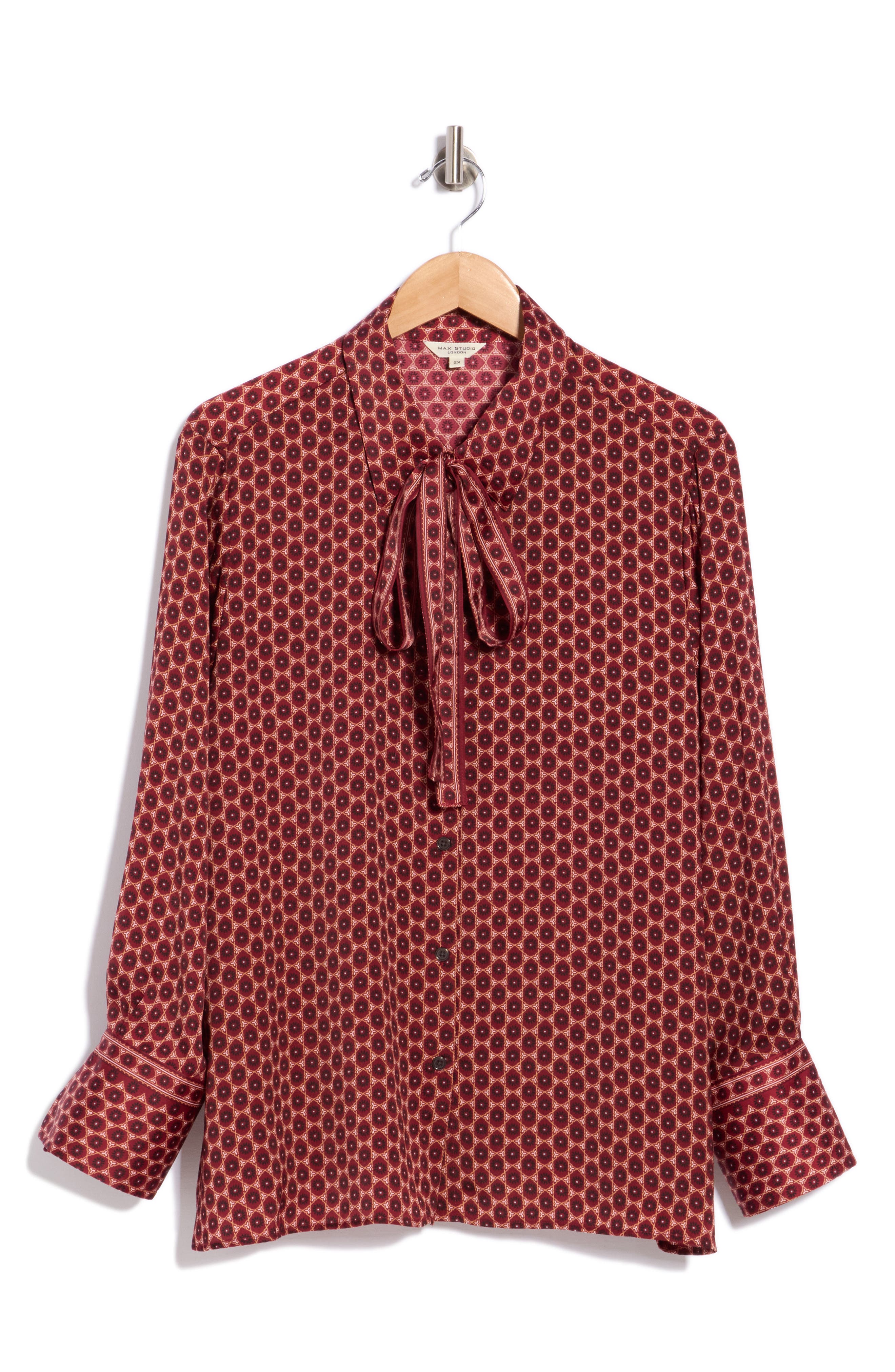 Tie Neck Satin Button-Up Shirt