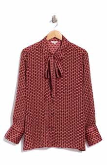 Tie Neck Satin Button-Up Shirt