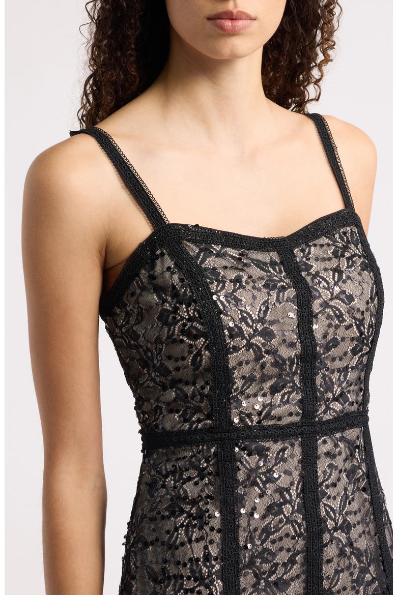 Sequin & Lace Seam Detail Midi Dress, Alternate, color, BLACK/ NUDE
